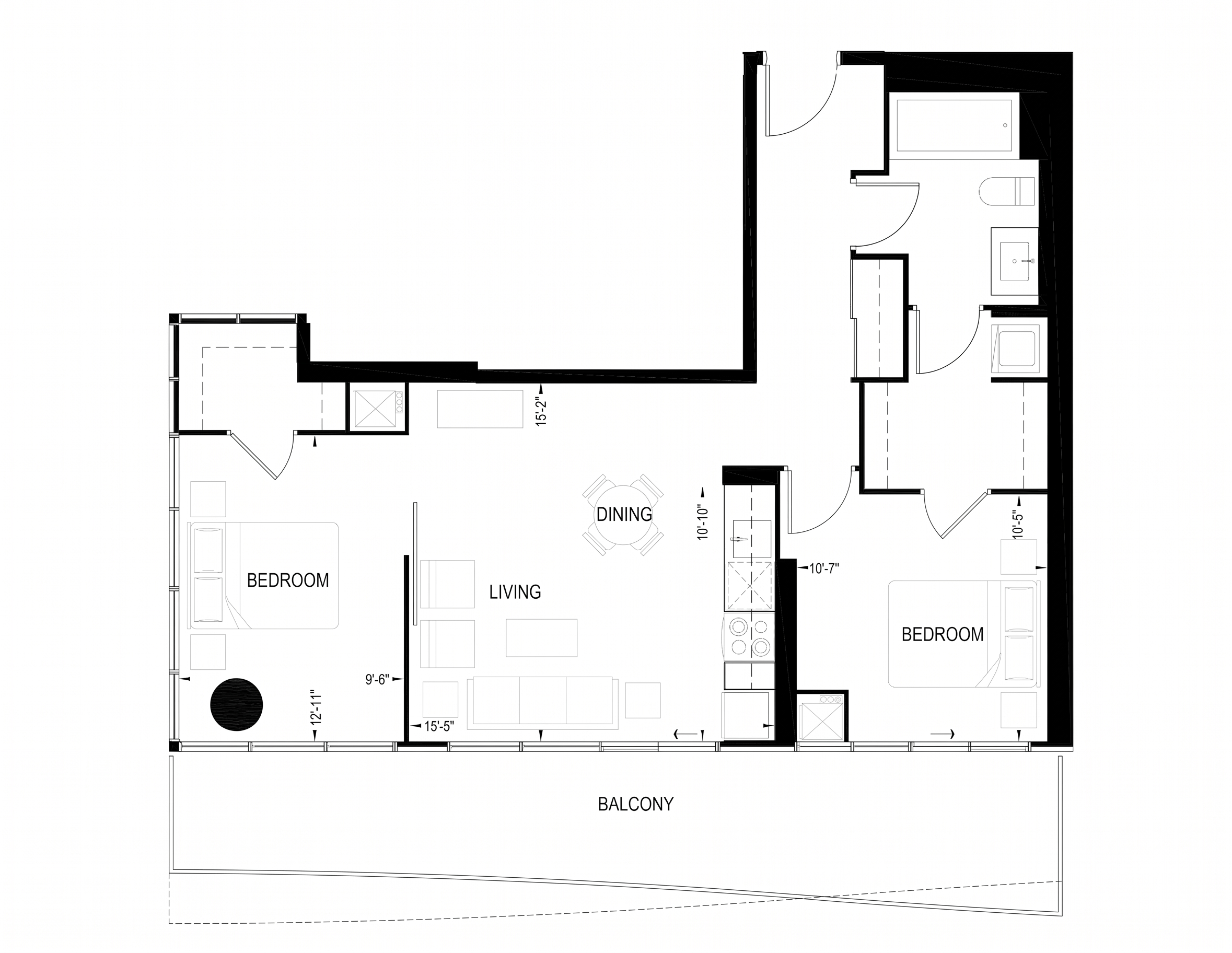 1 MARKET ST-1411-Floorplan-701 sq ft+balcony-2 bed-1 bath-SOUTH EAST